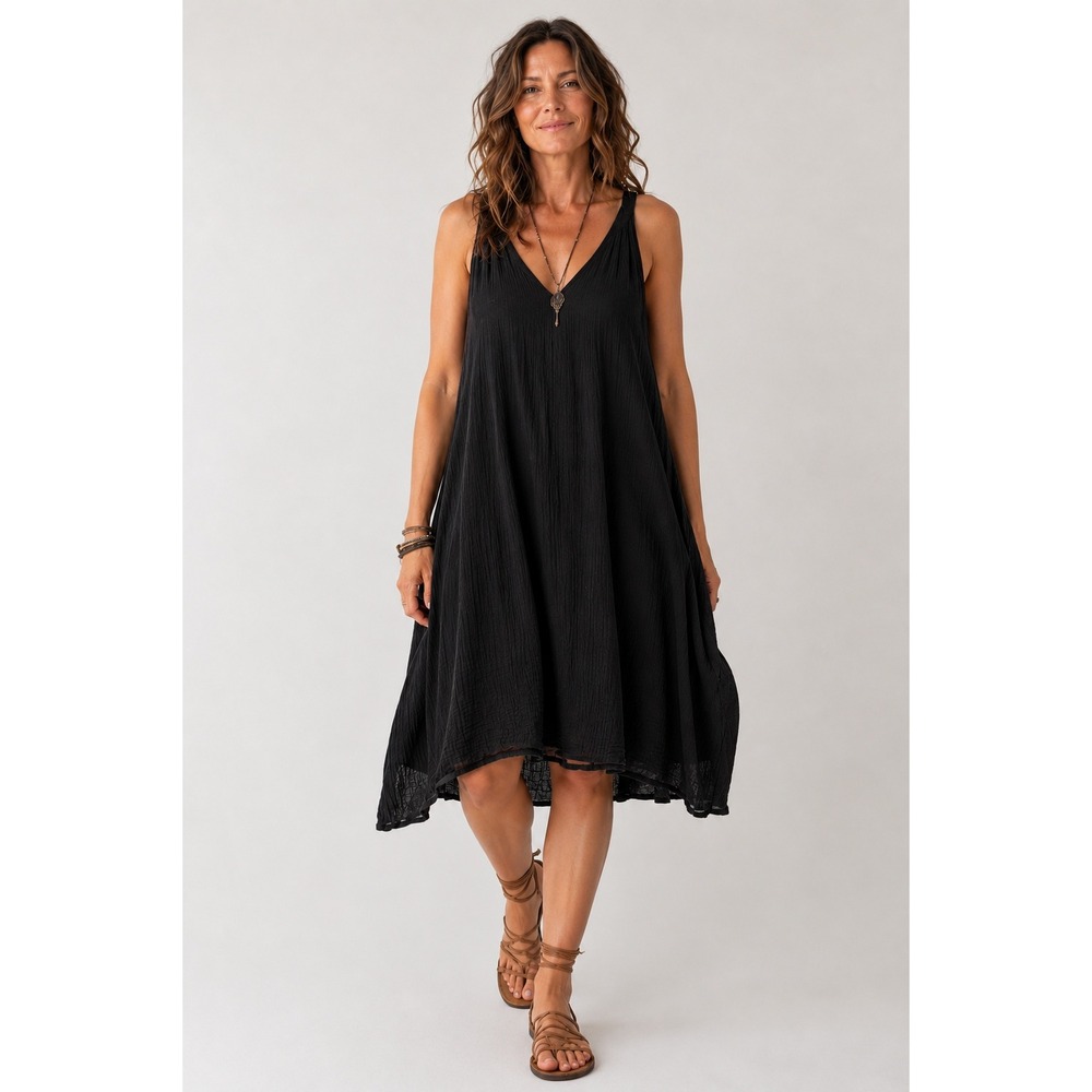 Garnet Hill Crinkle Gauze Dress M Black Sleeveless Lagenlook Boho Minimalist